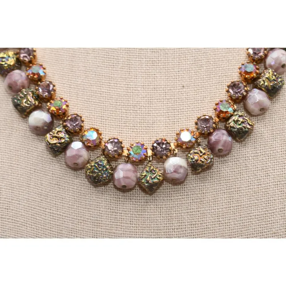 Vintage AB Rhinestone Art Glass Dangle Choker Necklace 15 Inch